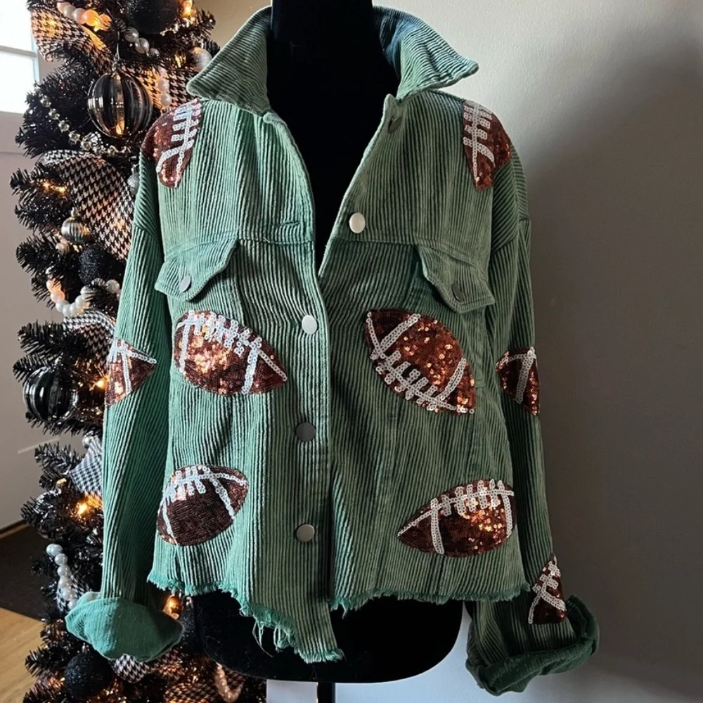 Sequined corduroy football jacket Size Large 100% Cotton - Picture 1 of 9